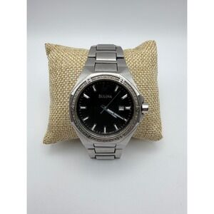 Bulova Stainless Steel Mens Watch Black Dial‎ Date Window Crystal Bezel